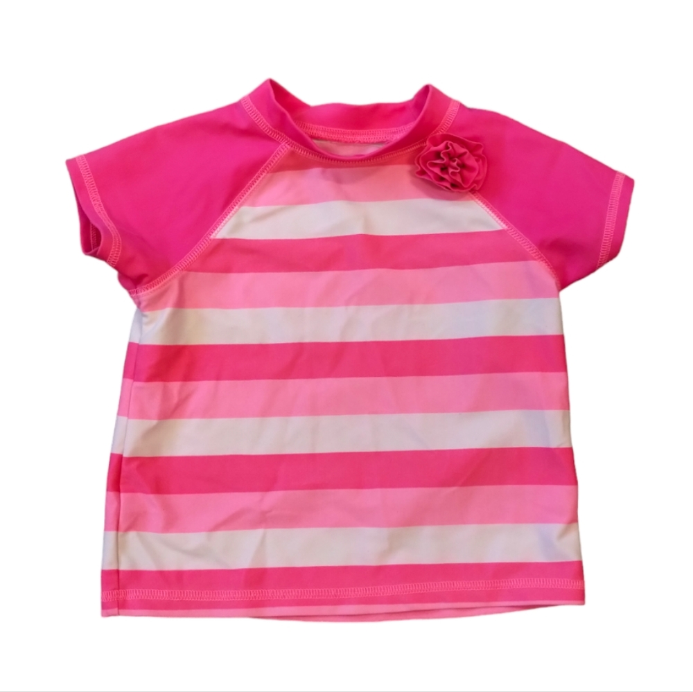 Circo Toddler Girl 2T Pink Striped Swim Suit short sleeve  Rash Guard Swim Top